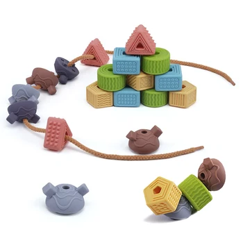 18 шт. детские геометрические мягкие строительные блоки, нанизывающие игрушки из бисера, развивающая мелкую моторику, когнитивные способности, сенсорная игрушка для прорезывания зубов