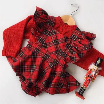 2020 Новый осенне-зимний рождественский комбинезон в красную клетку для малышей, рождественские ползунки с оборками, юбки-пачки, платье с повязкой на голову, детские наряды