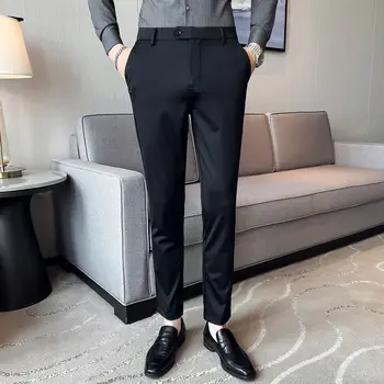 2023 Высококачественные брюки для костюма на пуговицах Мужские Официальные Деловые офисные брюки для светской жизни Slim Fit Повседневные свадебные брюки по щиколотку P198