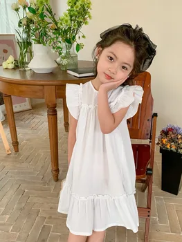 2023 Платье для девочек однотонного белого цвета с развевающимися рукавами, милые детские платья