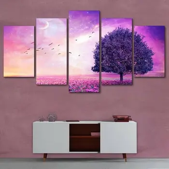 5 штук Фиолетового дерева, природного пейзажа, печати на холсте, настенного искусства, плакатов, картин, HD печати, без рамок, 5 панелей, декор комнаты