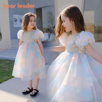 Bear Leader 2023, новое летнее платье принцессы для девочек, летнее детское платье-лодочка, красочное милое детское платье с рукавами-пузырями