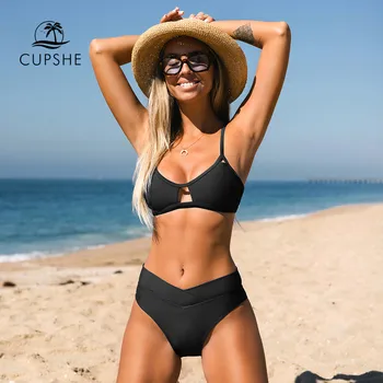 CUPSHE, Комплекты бикини с V-образным вырезом спереди и высокой талией, купальник для женщин, сексуальный круглый вырез, пляжная одежда из двух предметов, купальный костюм 2023, купальники