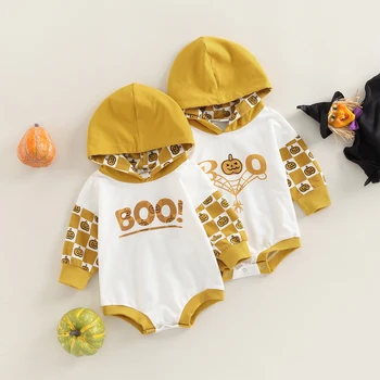 FOCUSNORM/ Комбинезон для новорожденных мальчиков и девочек на Хэллоуин 0-24 м с длинным рукавом и принтом тыквы, клетчатые комбинезоны в стиле пэчворк с капюшоном