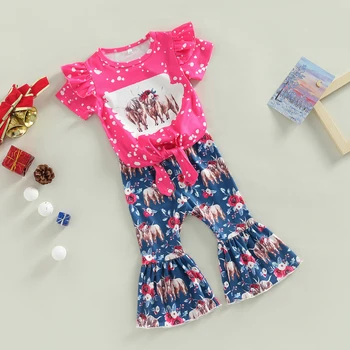 FOCUSNORM, Комплект летней одежды для малышей от 0 до 4 лет для девочек, футболка в горошек с коротким рукавом и узлом + расклешенные брюки с принтом коровы