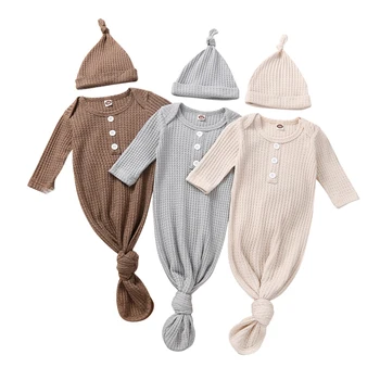 FOCUSNORM Спальный мешок для новорожденных девочек и мальчиков + Шляпа на пуговицах, 2 шт., Однотонная Домашняя Одежда с длинными рукавами, 3 цвета