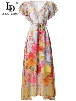 LD LINDA DELLA, новинка 2023, летнее модное женское длинное платье с винтажным цветочным принтом, вечерние платья с длинными рукавами-бабочками, платья большого размера