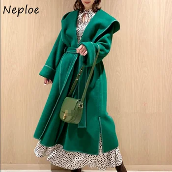 Neploe 2022, Осень-Зима, Новая женская теплая верхняя одежда, японские темпераментные куртки с большим отворотом, пальто с капюшоном и поясом на тонкой талии