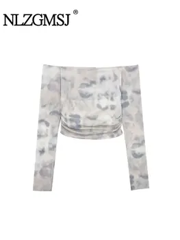 Nlzgmsj TRAF, женская блузка из тюля с принтом, женские 2023, Весна-лето, Тонкие топы с длинными рукавами, пуловер, укороченная блузка, топ
