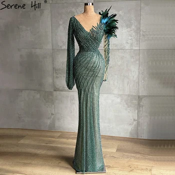 Serene Hill Muslim Green Элегантные Вечерние платья Русалка с перьями и бисером 2023 Для женщин Свадебная вечеринка LA71194