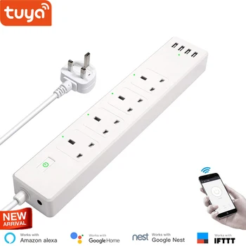 Tuya smart life Стандарт Великобритании WiFi Smart Power Strip с 4 розетками, 4 USB-портами, таймером Wi-Fi, голосовым управлением от Google Home, Alexa