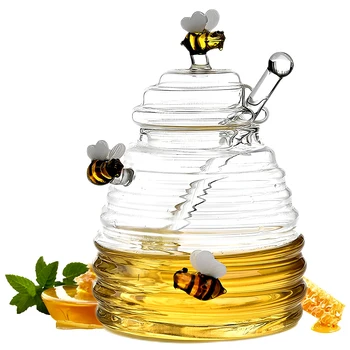 Банка для меда Диспенсер для меда из прозрачного стекла с черпаком и крышкой Бутылка для меда большой емкости Симпатичный Декоративный контейнер для меда