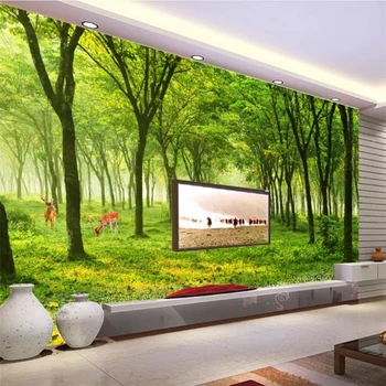 бейбехан Пользовательские обои 3d фрески новый лес пейзаж деревья дорога цветы олень 3D фрески ТВ фон обои домашний декор
