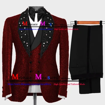 Блестящий бордовый свадебный костюм жениха, роскошный мужской костюм из бисера, комплект из 3 предметов, мужской модный деловой блейзер, официальный костюм для мужчин