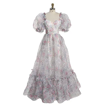 Вечернее платье с цветочным принтом, Длинное платье для выпускного вечера из мягкой шелковой органзы с пышными рукавами на шнуровке сзади YW231012