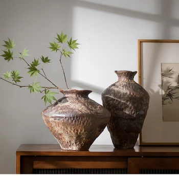 Винтажная керамическая ваза с деревенской текстурой, японские дзен-украшения для гостиной, кабинета, ТВ-шкафа, фойе, Чайного домика, гостевого дома, Большой