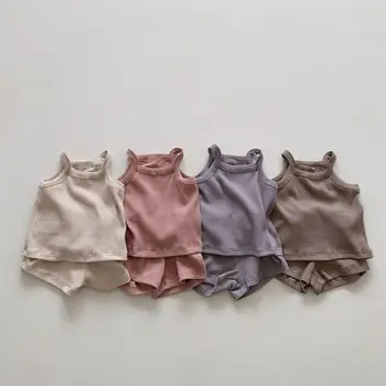 Винтажный комплект одежды для маленьких девочек, Летняя уютная рубашка в вафельную клетку с ремешком + короткие детские наряды 0-24 м, детские вещи, комплект из 2 предметов