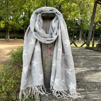Винтажный модный креативный пятиконечный звездный серо-белый вязаный женский шарф, зимний шарф, фартук с кисточками, светящийся Y2K Kpop Harajuku