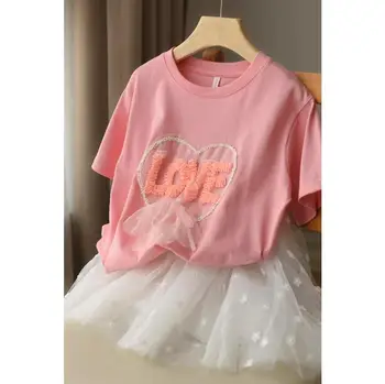 Детские футболки, топы для девочек с коротким рукавом, Летние Детские футболки с милым рисунком любовника и бантом, топы