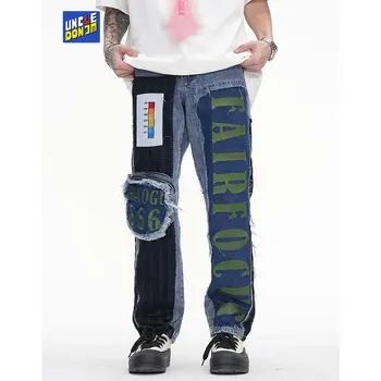 Джинсы с большим карманом hombre color block уличная одежда джинсы дизайн y2k мужские джинсы мужская одежда в стиле хип-хоп готические джинсы