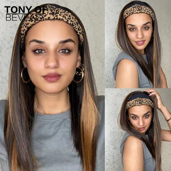 Длинные прямые парики с повязкой на голову для чернокожих женщин, термостойкий парик из синтетических волос, коричневый со светлой изюминкой, парики для ежедневного использования, вечерние парики
