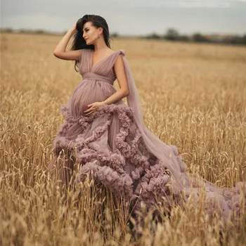 Довольно Пыльно-розовые многоуровневые оборки, длинный халат с длинным шлейфом, Высококачественные женские платья из тюля для беременных Для фотосессии С милым бантом