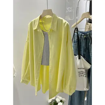 Желтые рубашки DUOFAN Женская весенняя одежда 2023 года, новые свободные блузки с корейской вышивкой и буквами, универсальные женские пальто средней длины, топы