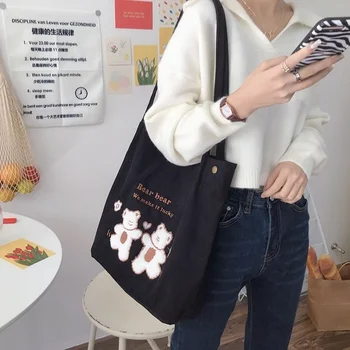Женская вельветовая сумка через плечо с вышивкой Lucky Bears, полосатая холщовая сумка-тоут из эко-ткани, милые мягкие сумки для покупок для дам