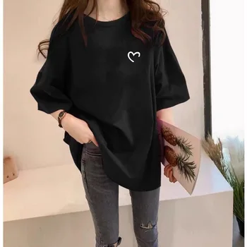 Женская черная футболка в корейском стиле с короткими рукавами, весна-лето 2023, новые свободные топы среднего и длинного размера с принтом любви большого размера