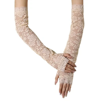 Женские кружевные перчатки с цветочным рисунком, свадебные варежки для невесты, Прозрачная сетка с цветочным декором, перчатки на полпальца, Косплей Костюм