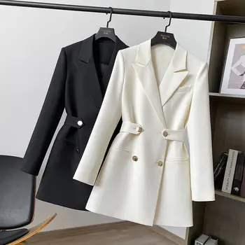 Женский костюм-пальто 2023, весна и осень, Новый однотонный тонкий двубортный модный жакет с поясом, женская одежда