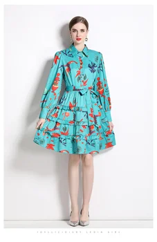 Женское платье 2023 Новая мода с баской, отворотом, рукавом-фонариком, коллекция синего принта, платье на талии, бесплатная доставка