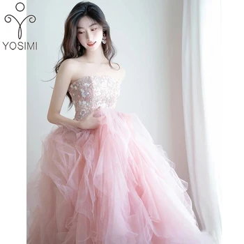 Женское праздничное длинное платье YOSIMI 2023, Летнее платье в пол, без рукавов, без бретелек, Розовое платье трапециевидной формы из сетки в стиле пэчворк с вышивкой
