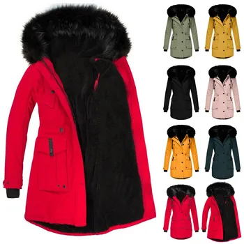 Зимние пальто, воротник с лацканами, куртка с длинным рукавом, пальто Плюс Размер, повседневная женская куртка, Теплая верхняя одежда с капюшоном и толстой подкладкой, куртки