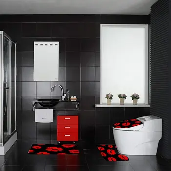 Комплект ковриков для ванной комнаты из 3 предметов, модный нескользящий контурный коврик Red Lips + Крышка унитаза + Коврик для ванной