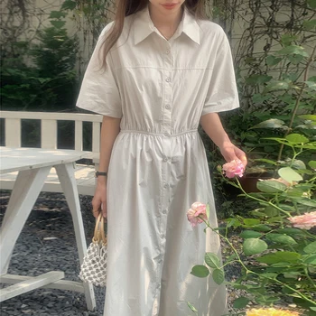 Корейское шикарное Летнее Французское минималистичное платье Поло с воротником-стойкой, женская грудь, Тонкая талия, короткий рукав, Однотонный повседневный Vestidos Mujer