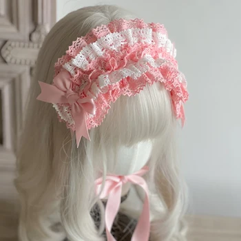Кружевная кукла Harajuku Cute Kawaii Цветок Лолита Цветной блок Хлопчатобумажная ткань Лента для волос Повязка на голову Babydoll Головные уборы