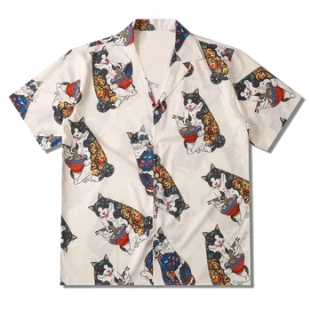 Кружевная Новая мода Ретро Кошка Лапша быстрого приготовления Графическая Рубашка с коротким рукавом, Блузка, топы, мужская Летняя Хит продаж, рубашка для мужчин и женщин