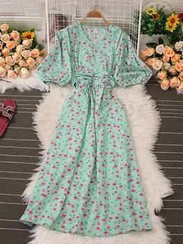 Летнее винтажное платье с цветочным принтом, женское элегантное платье с V-образным вырезом, коротким рукавом, высокой талией, Драпированное Повседневное платье Миди, Новая мода