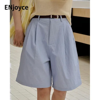Летние женские винтажные светло-голубые шорты с высокой талией в корейском стиле, элегантные повседневные капри, костюм средней длины, короткие брюки