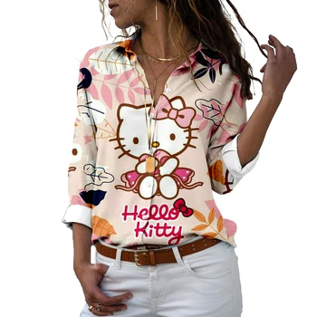 Летние женские рубашки с 3D-печатью Hello Kitty, Повседневные женские топы в стиле харадзюку с длинными рукавами, Горячая распродажа Мультяшной одежды