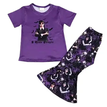 Модная детская одежда в бутике Wednesday Для девочек, Фиолетовый топ с принтом, Расклешенные брюки, Комплект Оптом
