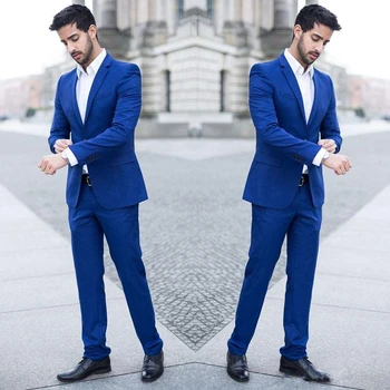 Мужские костюмы из 2 предметов для свадьбы Костюмы Королевский синий Мужской деловой пиджак, облегающий смокинг жениха, пальто, брюки, Приталенный костюм Terno Masculino