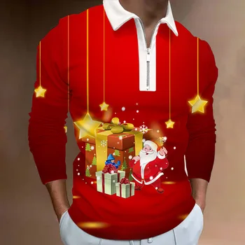 Мужской Рождественский Снеговик Санта Клаус Повседневные рубашки поло с длинным рукавом Мужские Футболки на молнии Мужские Топы Одежда Одежда для мужчин 2022