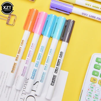 Набор фломастеров с двойными линиями 8 цветов, креативные ручки для контурного рисования, милый маркер, школьные канцелярские принадлежности