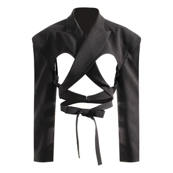 Новая весенняя коллекция PREPOMP 2023 С длинным рукавом, Открытая повязка на спине, Черный приталенный короткий блейзер, женский пиджак GH816