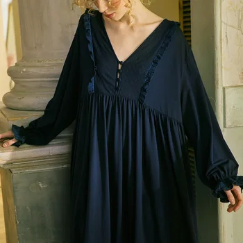 Новое Женское платье в стиле Лолиты Темно-синего цвета, пижамы Принцессы, Винтажные Ночные рубашки с оборками В Полоску. Викторианская ночная рубашка, пижамы для Отдыха