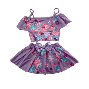 Оптовая продажа купальников-бикини, летняя детская одежда, фиолетовые купальники принцессы с цветочным рисунком для девочек, комплекты из 2 предметов
