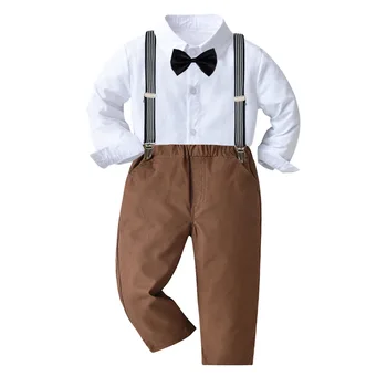 Осенний костюм джентльмена с галстуком-бабочкой для мальчика, однотонная рубашка с длинными рукавами Для детей, детская одежда из бутика