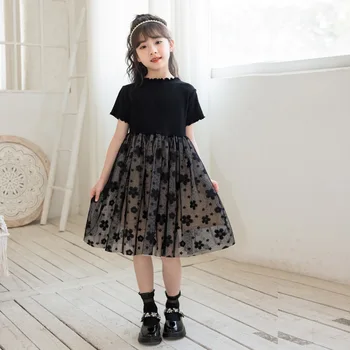 Платье с короткими рукавами для девочек 5-14 лет, летняя одежда 2023 года, Новое Газовое Свободное платье трапециевидной формы в стиле пэчворк, Корейское Детское платье принцессы